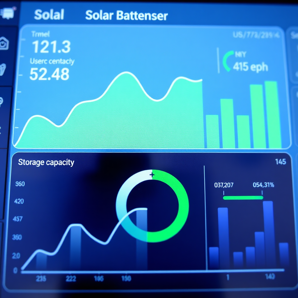 Create an image of a digital dashboard displaying solar battery performance metrics, such as energy generation, storage capacity, and usage statistics. The dashboard is clean and user-friendly, with clear and concise data visualization. The color palette is modern and tech-focused, with blues, greens, and whites dominating. The camera angle is a close-up, emphasizing the data and metrics. The style should be minimalist and informative, inspired by modern UI/UX design.