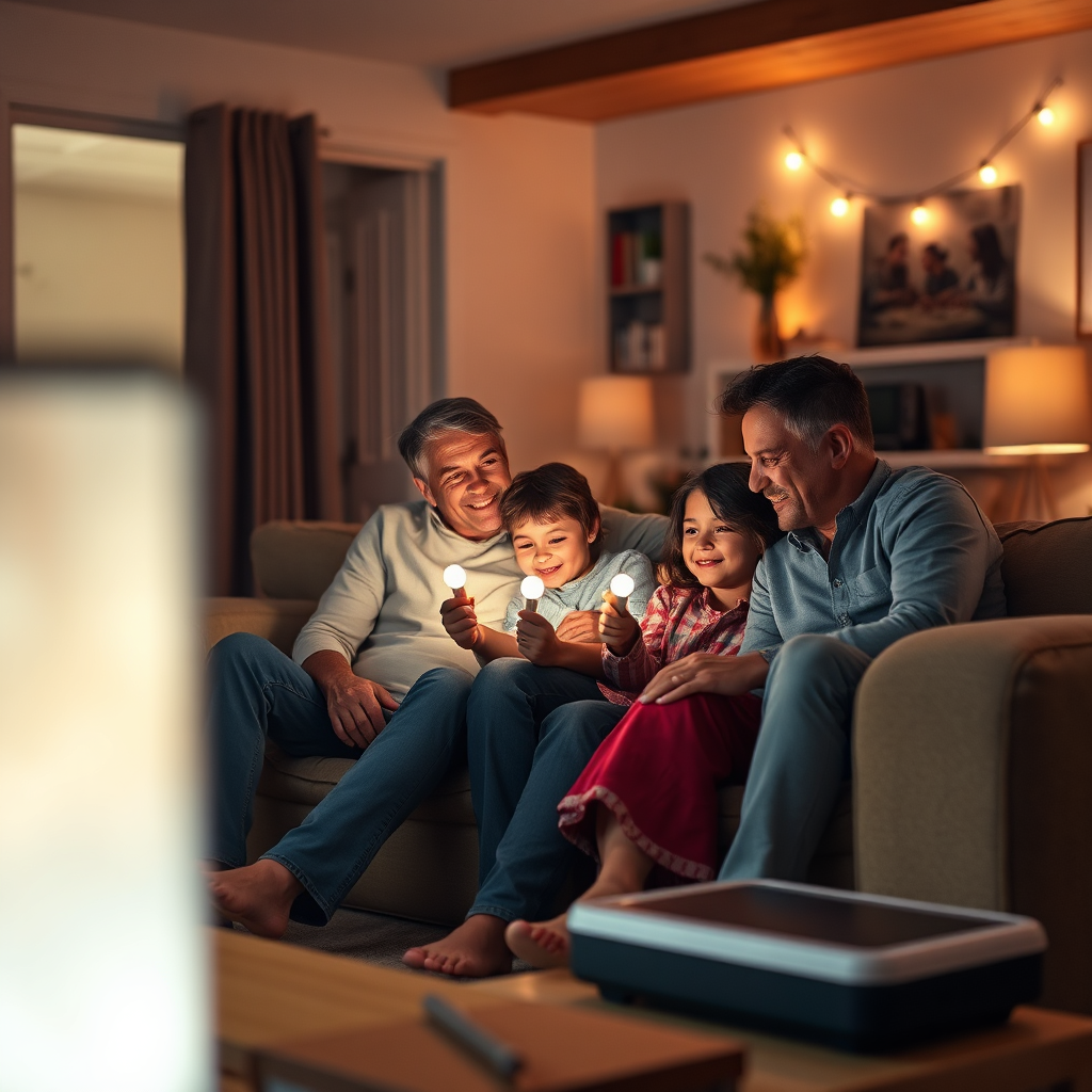 Create an image of a family gathered comfortably in their living room during a power outage. The lights are on, powered by a solar battery system. The overall tone should be reassuring and secure. The color palette should be warm and inviting. The camera angle should be a medium shot, capturing the family's comfort and security. The style should be photorealistic and heartwarming.