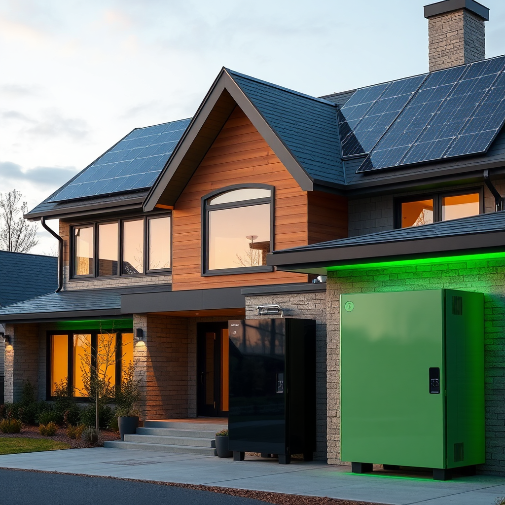 Create an image of a modern home with solar panels and a sleek solar battery system. Focus on the aesthetic appeal and integration of the solar technology. The color palette should be modern and sophisticated, with earth tones and accents of bright green. The camera angle should be a medium shot, showcasing the home's exterior and the solar components. The style should be photorealistic and upscale, reminiscent of real estate photography.