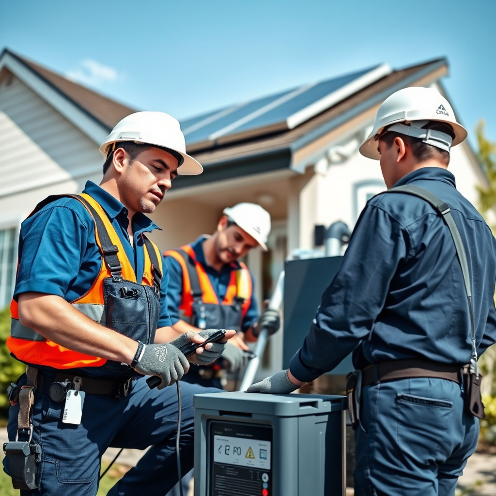 Create an image of a team of certified technicians installing a solar battery system on a residential property. The technicians are wearing professional attire and using specialized equipment. The lighting is bright and professional. The color palette is clean and modern, with blues and silvers dominating. The camera angle is a medium shot, emphasizing the team's expertise and professionalism. The style should be photorealistic and technically accurate.
