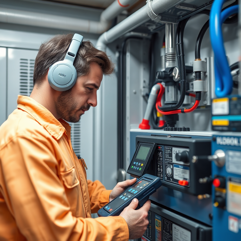 Create an image of a technician performing maintenance on a solar battery system, using diagnostic tools and equipment. The setting is a clean and organized utility room. The lighting is bright and professional. The color palette is clean and modern, with blues and silvers dominating. The camera angle is a medium shot, capturing the technician's expertise and attention to detail. The style should be photorealistic and technically accurate.