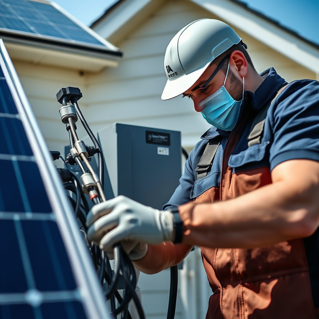 Create an image of a technician expertly installing a solar battery system in a residential setting. Focus on the precise connections and seamless integration with existing solar panels. The lighting is bright and professional, highlighting the technical aspects of the installation. The color palette is clean and modern, with blues and silvers dominating. The camera angle is a close-up, emphasizing the technician's attention to detail. The style should be photorealistic and technically accurate.