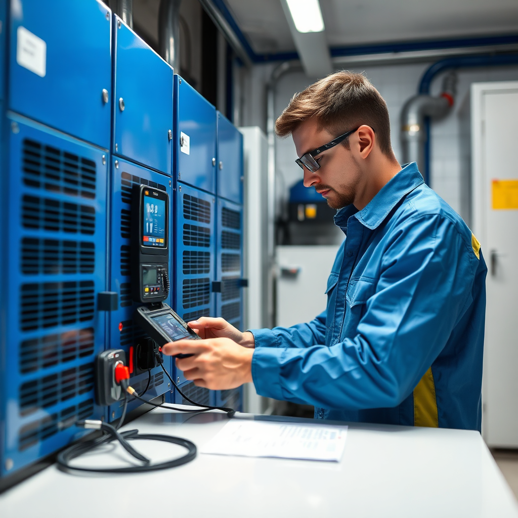 Create an image of a technician performing maintenance on a solar battery system, using diagnostic tools and software. The setting is a clean and organized utility room. The lighting is bright and professional. The color palette is clean and modern, with blues and silvers dominating. The camera angle is a close-up, emphasizing the technician's attention to detail and the advanced technology involved.