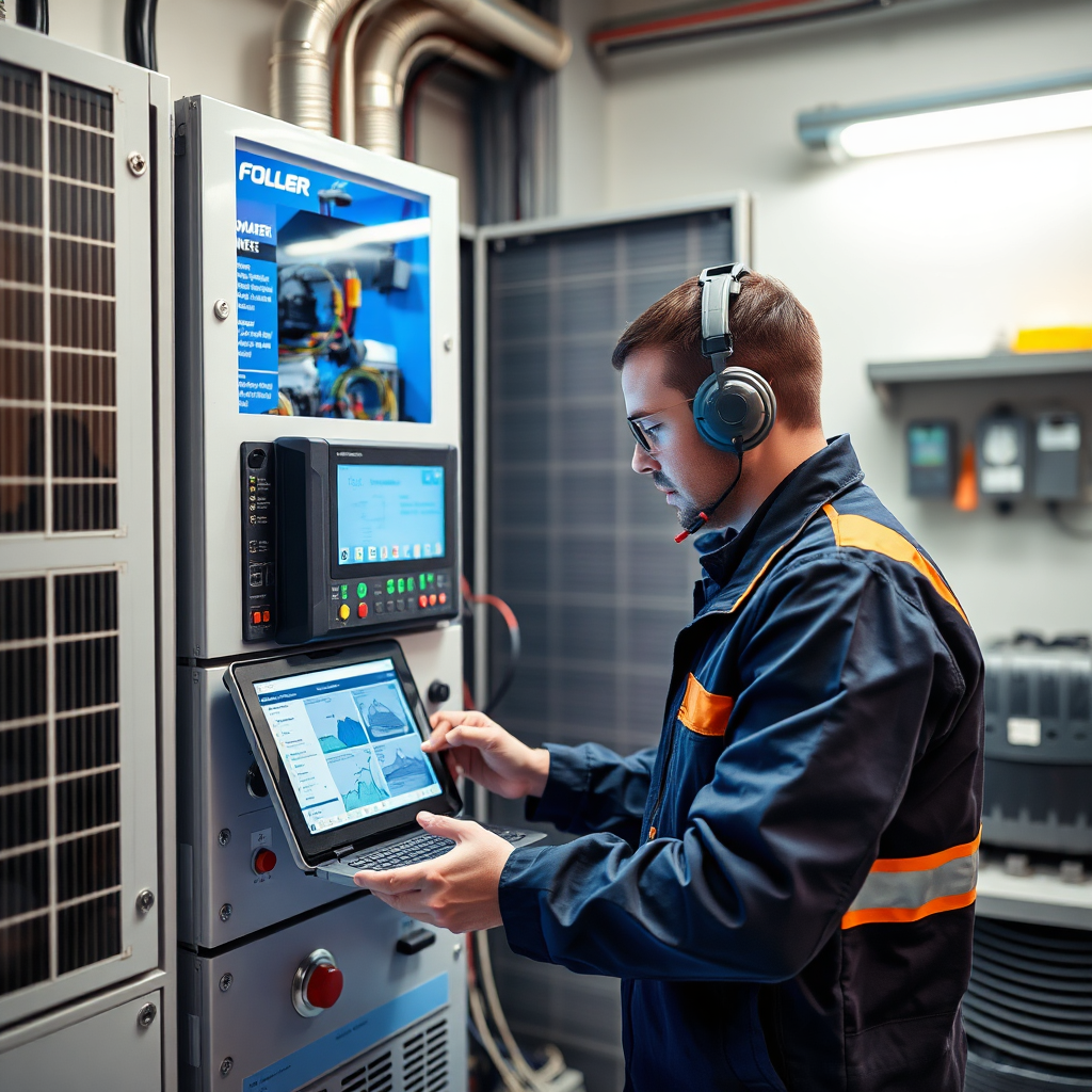 Create an image of a technician performing routine maintenance on a solar battery system, using diagnostic tools and software. The setting is a clean and organized utility room. The lighting is bright and professional. The color palette is clean and modern, with blues and silvers dominating. The camera angle is a close-up, emphasizing the technician's attention to detail and the advanced technology involved. The style should be photorealistic and technically accurate.