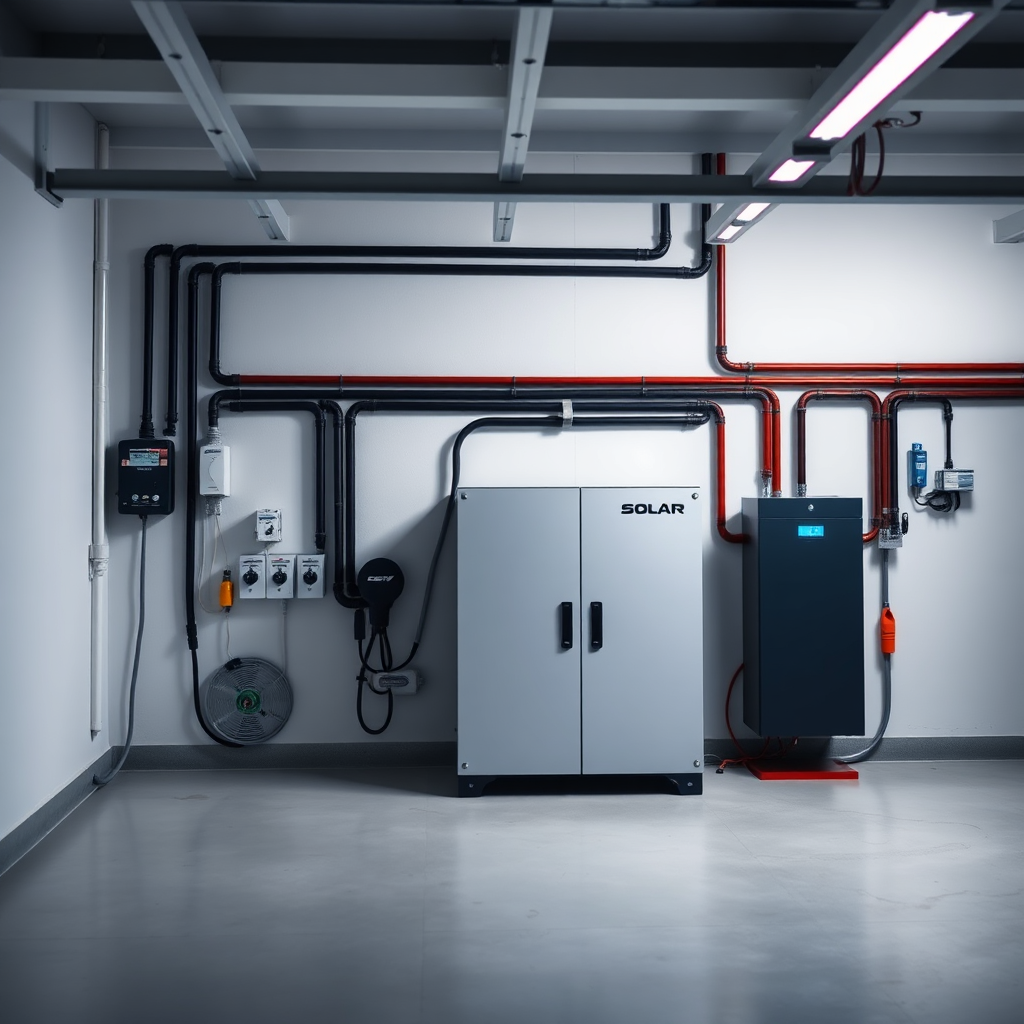 Create an image showcasing a newly installed solar battery system in a clean, modern garage. The battery is sleek and well-integrated, with clear connections to the solar panels and home electrical system. The lighting is bright and inviting. The color palette is clean and modern, with blues and silvers dominating. The camera angle is a medium shot, emphasizing the quality and professionalism of the installation.