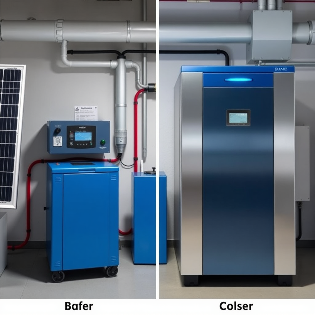 Create an image showcasing a side-by-side comparison of an older solar battery system and a modern, upgraded system. The modern system is sleek and technologically advanced, with increased storage capacity and efficiency. The lighting is bright and professional. The color palette is clean and modern, with blues and silvers dominating. The camera angle is a medium shot, highlighting the improvements and benefits of the upgrade.