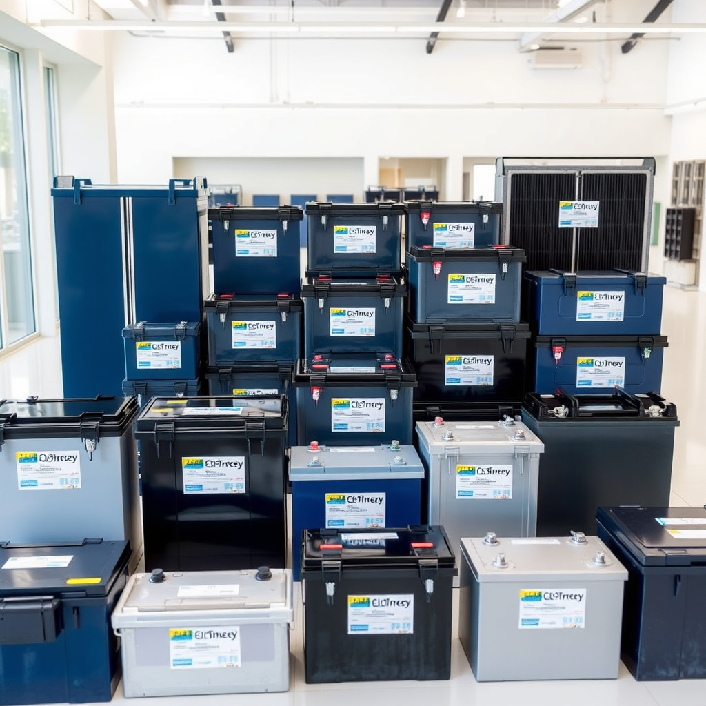 Create an image showcasing a variety of solar battery types and sizes. The batteries are arranged neatly and clearly labeled. The background is a clean and modern showroom. The lighting is bright and professional. The color palette is clean and modern, with blues and silvers dominating. The camera angle is a medium shot, providing a comprehensive overview of the battery options. The style should be informative and visually appealing.
