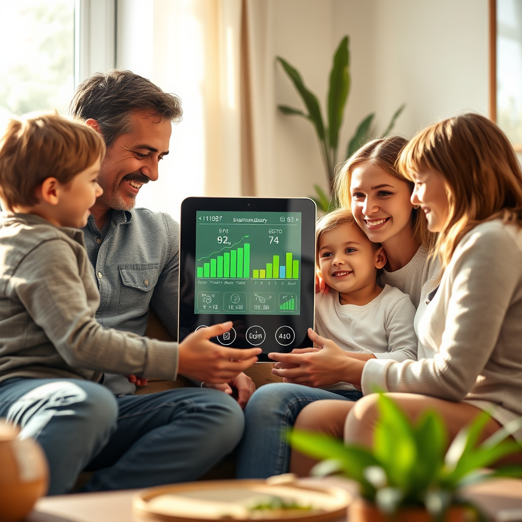 Generate a 4K resolution image portraying a family gathered around a smart home energy display, showcasing real-time solar battery performance. The family consists of two adults and two children, all smiling and engaged with the display. The background is a comfortable, modern living room. Sunlight streams through the window, highlighting the eco-friendly technology. The overall tone should be warm, inviting, and emphasize family values and environmental consciousness. The color palette should consist of earth tones with accents of bright green and blue. The camera angle should be a medium shot, capturing the family's interaction with the technology. The image style should be photorealistic, with attention to detail in the textures of the furniture, clothing, and the energy display. Consider inspiration from stock photography, aiming for a natural and authentic feel.