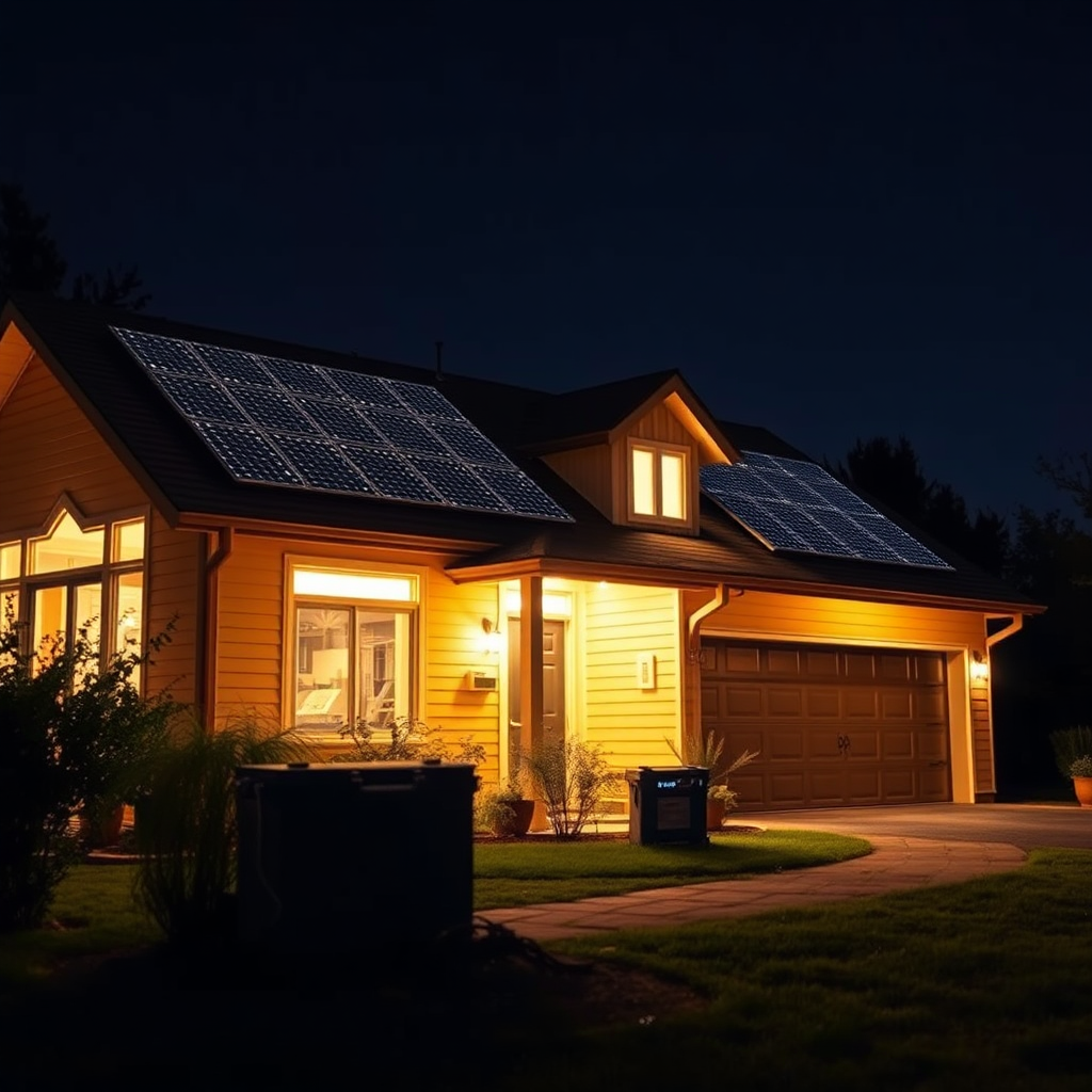 Generate an image of a house at night, brightly lit, with solar panels visible on the roof. A solar battery is prominently featured, symbolizing energy independence. The color palette should be warm and inviting, contrasting the darkness of the night. The camera angle should be a wide shot, capturing the entire scene. The style should be photorealistic and aspirational.